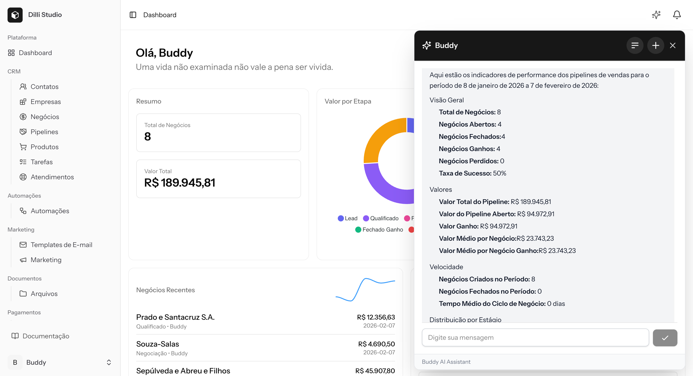 Print do Buddy mostrando insights e indicadores do CRM