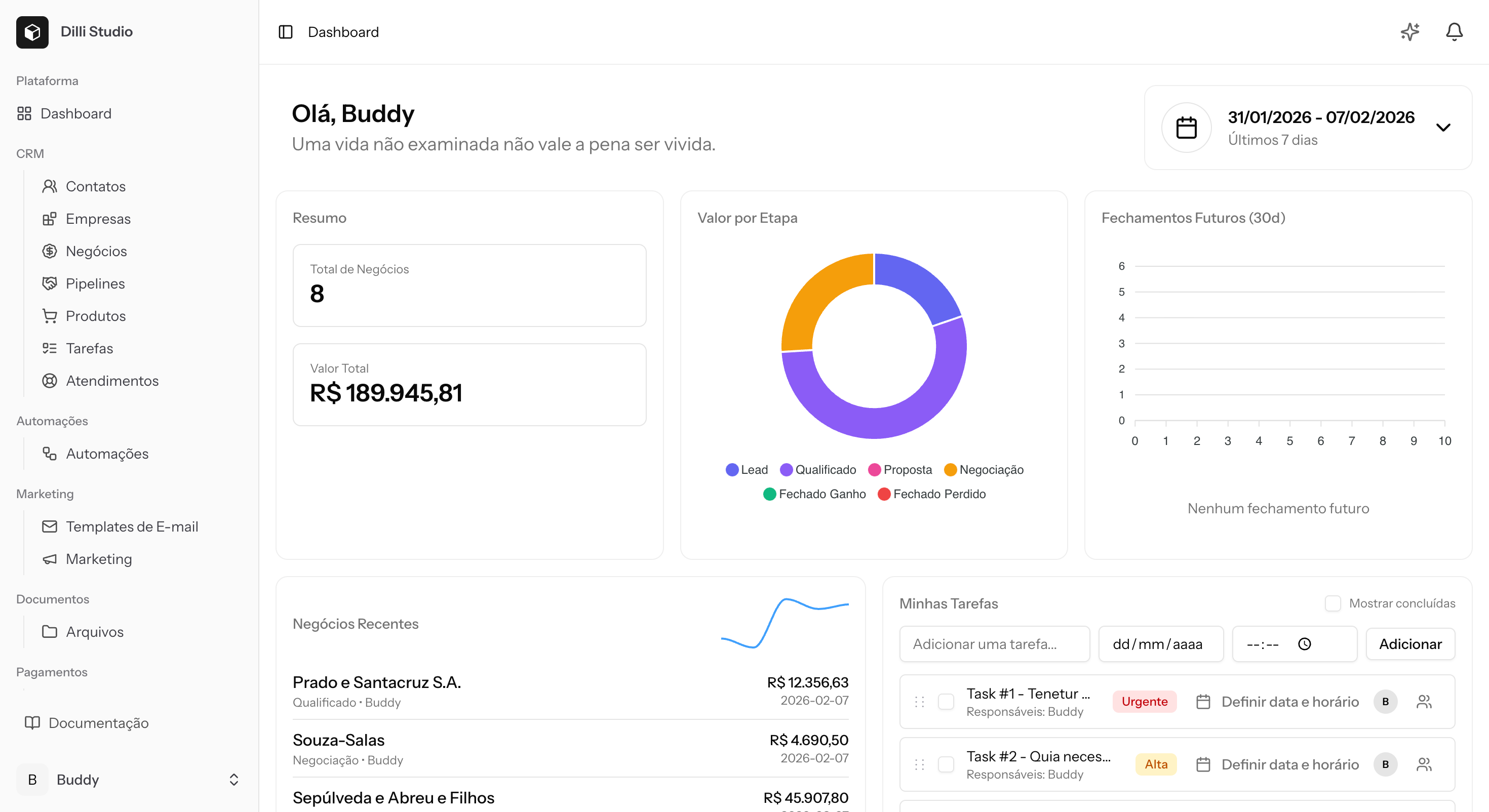 Preview do dashboard do Dilli